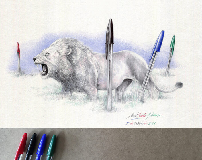 León con bolígrafo